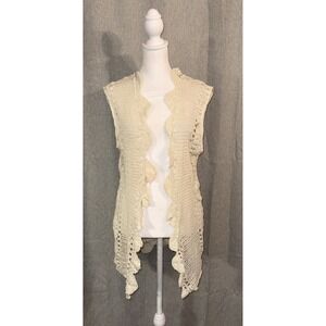 Sellbound Crochet Vest Women's Size Medium Ivory Cotton Long Boho Hippie